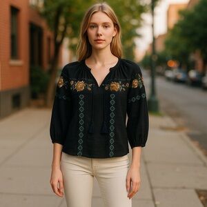 Women’s Lucky Brand Boho Embroidered Tie Neck Tassel Blouse Size M Blue